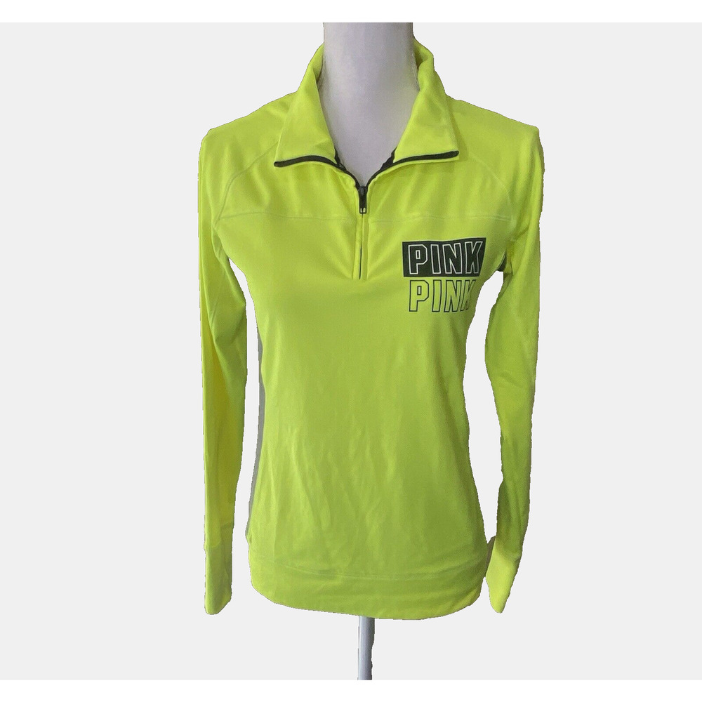 Victoria's Secret Pink Ultimate 1/4 Zip‎ Pullover Size S Yellow Neon Black